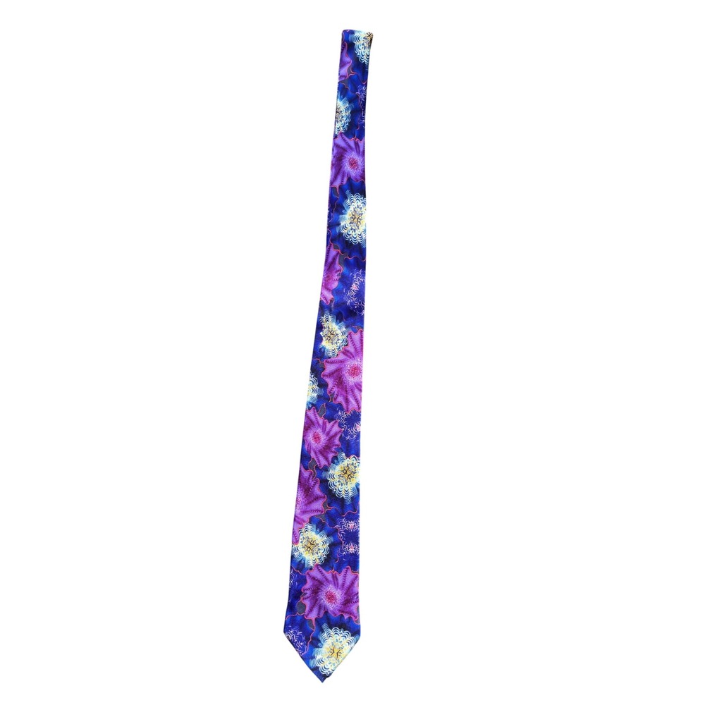 Psychedelic Floral Silk Necktie Purple Blue Yellow Fractal Handmade Tie